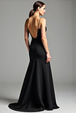 Black Spaghetti Straps V Neck Sheath Backless Formal Dress