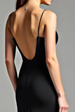 Black Spaghetti Straps V Neck Sheath Backless Formal Dress