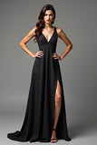 Black V Neck Backless A Line Formal Dress with Slit