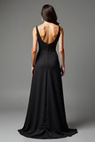 Black V Neck Backless A Line Formal Dress with Slit