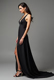 Black V Neck Backless A Line Formal Dress with Slit