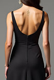 Black V Neck Backless A Line Formal Dress with Slit