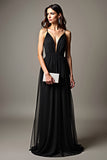 Black Spaghetti Straps V Neck Pleated A Line Formal Dress