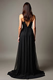 Black Spaghetti Straps V Neck Pleated A Line Formal Dress