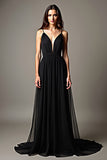 Black Spaghetti Straps V Neck Pleated A Line Formal Dress