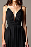 Black Spaghetti Straps V Neck Pleated A Line Formal Dress