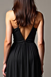 Black Spaghetti Straps V Neck Pleated A Line Formal Dress