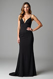 Black Spaghetti Straps V Neck Sheath Floor Length Formal Dress