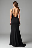 Black Spaghetti Straps V Neck Sheath Floor Length Formal Dress