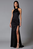 Black Halter Sheath Backless Floor Length Formal Dress with Slit