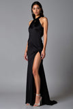 Black Halter Sheath Backless Floor Length Formal Dress with Slit