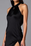 Black Halter Sheath Backless Floor Length Formal Dress with Slit