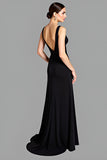 Black V Neck Sheath Floor Length Formal Dress