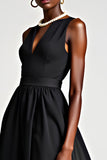 Black Keyhole A Line Mid Length Graduation Dress with Pockets