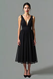 Black V Neck Backless A Line Mid Length Graduation Dress