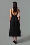 Black V Neck Backless A Line Mid Length Graduation Dress