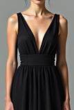 Black V Neck Backless A Line Mid Length Graduation Dress