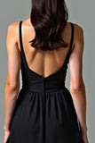 Black V Neck Backless A Line Mid Length Graduation Dress