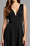 Pretty Black V Neck A Line Knee Length Graduation Dress