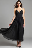 Flowy Black Spaghetti Straps A Line Long Graduation Dress