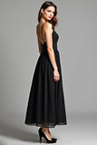 Flowy Black Spaghetti Straps A Line Long Graduation Dress