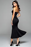 Black Strapless Bodycon Tea Length Graduation Dress