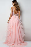 Ruffled Blush Pink V Neck A Line Appliqued Prom Dress with Slit