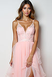 Ruffled Blush Pink V Neck A Line Appliqued Prom Dress with Slit