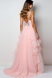 Ruffled Blush Pink V Neck A Line Appliqued Prom Dress with Slit