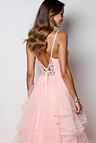 Ruffled Blush Pink V Neck A Line Appliqued Prom Dress with Slit