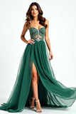 A Line Dark Green Strapless Sweetheart Beaded Long Prom Dress with Slit