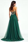 A Line Dark Green Strapless Sweetheart Beaded Long Prom Dress with Slit