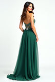 A Line Dark Green Strapless Sweetheart Beaded Long Prom Dress with Slit