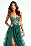 A Line Dark Green Strapless Sweetheart Beaded Long Prom Dress with Slit