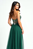 A Line Dark Green Strapless Sweetheart Beaded Long Prom Dress with Slit