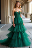 Dark Green Strapless Tiered Sweetheart A Line Long Prom Dress