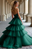 Dark Green Strapless Tiered Sweetheart A Line Long Prom Dress