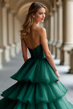 Dark Green Strapless Tiered Sweetheart A Line Long Prom Dress