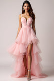 Blush Pink Tiered A Line High Low Prom Dress with Ruffles