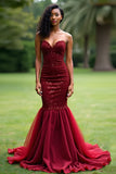 Sparkly Burgundy Mermaid Sweetheart Sequined Backless Prom Dress