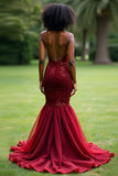 Sparkly Burgundy Mermaid Sweetheart Sequined Backless Prom Dress