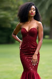 Sparkly Burgundy Mermaid Sweetheart Sequined Backless Prom Dress