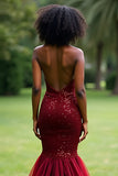 Sparkly Burgundy Mermaid Sweetheart Sequined Backless Prom Dress