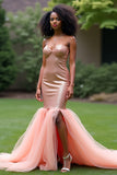 Sparkly Blush Pink Mermaid Corset Strapless Long Prom Dress with Slit