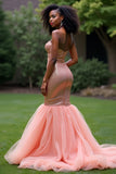 Sparkly Blush Pink Mermaid Corset Strapless Long Prom Dress with Slit