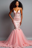 Blush Pink Mermaid Spaghetti Straps Appliqued Long Prom Dress