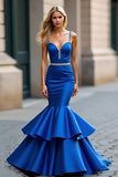 Royal Blue Mermaid Spaghetti Straps Tiered Long Prom Dress