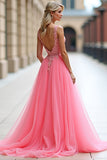 Pink Ball Gown A Line V Neck Appliqued Long Prom Dress