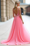 Pink Ball Gown A Line V Neck Appliqued Long Prom Dress