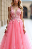 Pink Ball Gown A Line V Neck Appliqued Long Prom Dress